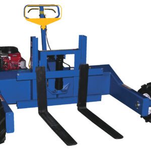 A blue Vestil All-Terrain Pallet Truck Gas 4K 48In features a yellow handle, large black wheels, and front metal forks. A rear-mounted gas engine enables a 4K load capacity, ideal for rugged terrains.
