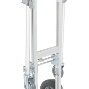 The Vestil Alum Convertible Hand Truck 20.5 X 51.5 Hr has a silver frame, two handles, large black and smaller gray wheels. Its sturdy, collapsible design makes it ideal for moving heavy objects with ease while upright.