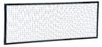 The Vestil Adjustable Perimeter Guard Panel 3X8 Ft has a black metal frame with a grid of thin wires, forming square openings against a white background.