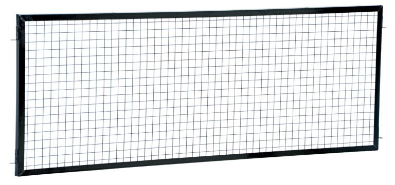 APG-M-38_A.jpg The Vestil Adjustable Perimeter Guard Panel 3X8 Ft has a black metal frame with a grid of thin wires, forming square openings against a white background.
