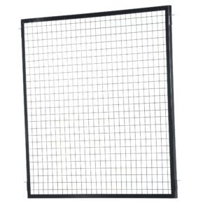 The Vestil Adjustable Perimeter Guard Panel 5X5 ft showcases a stylish black metal grid in a square pattern on a white background, elegantly tilted and framed by a slim metal border for enhanced style and security.