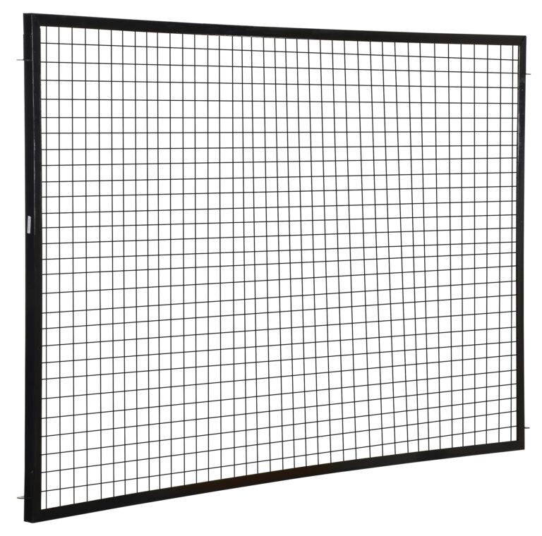A black metal grid with a curved design is displayed on a white background, similar to the Vestil Adjustable Perimeter Guard Panel 5X8 Ft, featuring evenly spaced horizontal and vertical lines forming square openings.