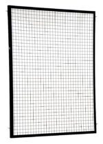 The Vestil Adjustable Perimeter Guard Panel 6X5 Ft is a rectangular black-framed wire mesh panel with a grid of evenly spaced squares, set against a white backdrop to emphasize its simple and functional design.