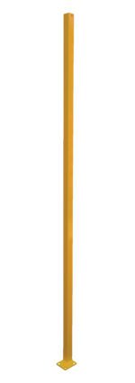 The Vestil Adjust Perimeter Corner Post 96 In stands tall and sleek, its slender yellow metal form with a square cross-section vertically mounted on a small square base against a plain white background.