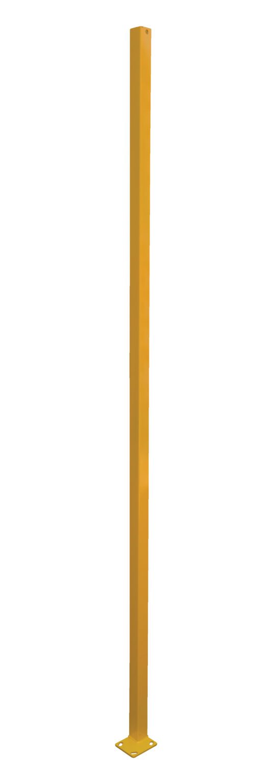 APG-P8-C_A.jpg The Vestil Adjust Perimeter Corner Post 96 In stands tall and sleek, its slender yellow metal form with a square cross-section vertically mounted on a small square base against a plain white background.