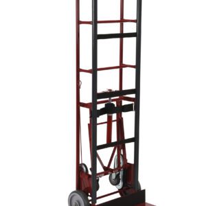 The Vestil Vending -Appliance Cart Ratchet 66 In is a robust two-wheeled red and black cart with a metal frame and flat loading platform. Designed for heavy items, it features curved handles for easy grip and maneuvering, with wheels at the base for stability.