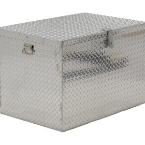 The Vestil Aluminum Portable Tool Box 24 X 36 is a silver, diamond plate-patterned metal box with a hinged lid, latch for locking, and side handles for easy carrying.