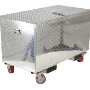 The Vestil Aluminum Tool Box-Casters/Forks 24 X 48 is a spacious, rectangular storage solution with a diamond plate design and hinged lid, featuring robust metal handles and four red casters for easy mobility.