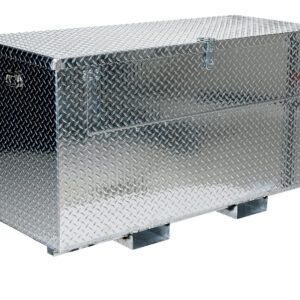 The Vestil Alum Tool Box Fork Pockets-Front Door 24X48 is a large, silver diamond plate metal storage box with a lid and latch. Elevated on small metal legs, it has handles for easy transport and includes fork pockets for convenient relocation.