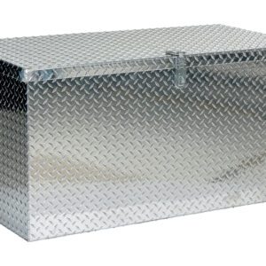 The Vestil Aluminum Portable Tool Box 24 X 48 is a large silver chest with diamond plate texture, featuring a securely latching lid and side handles for easy transport, all set against a crisp white background.