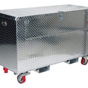 The Vestil Alum Tool Box Front Door Caster/Fork 24x60 features a diamond plate texture and red caster wheels, with a hinged lid secured by a clasp and side handles, set against a plain white backdrop.