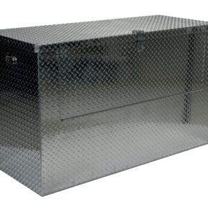 The Vestil Alum Portable Tool Box Front Door 24X60 is constructed from silver metal with a diamond plate pattern. It has a flat, hinged lid with a latch for secure closure, is rectangular in shape, and features convenient side handles for easy transport.