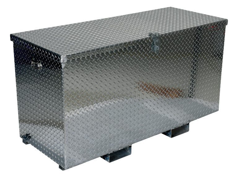 A large silver rectangular Vestil Aluminum Tool Box with diamond plate texture and sturdy fork pockets, featuring a hinged lid, two side handles, and small metal supports for stability.