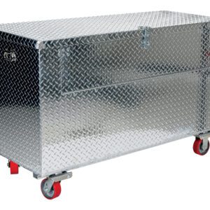 The Vestil Alum Tool Box Front Door -Casters 36X48 is a large, diamond plate textured metal storage unit with a hinged lid. It features four red casters for mobility and includes a front latch for added security.