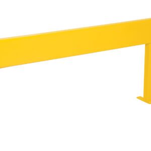 The Vestil Adjustable Rack Guard has a bright yellow, 24.5625-inch tall metal guardrail with two sturdy vertical supports and flat bases with holes for secure mounting, ensuring reliable protection.