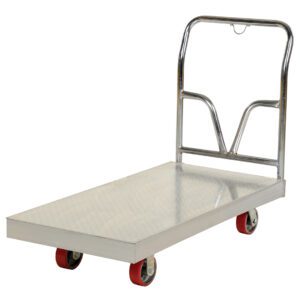 The Vestil Alum Sheet Deck Platform Truck 24W X 48L has a durable metal base, four red wheels, and a curved handle for easy maneuverability, ideal for transporting heavy or bulky items.
