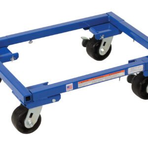 The Vestil Adjust Tote Dolly features a 16x22 inch blue metal frame with 4-inch casters. Its adjustable mechanism allows resizing, and four swivel wheels ensure smooth movement. Warning labels enhance safety during heavy item transport.