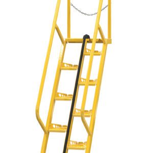 The Vestil Alternate Tread Stair 56 Degree 71.87 In is a yellow metal safety ladder with chain for extra safety, side rails, and a black rubber grip on the bottom step.