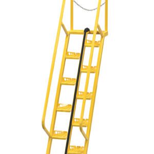 The Vestil Alternate Tread Stair 56 Degree 84 In is a sturdy yellow safety ladder with handrails and perforated steps, a 56-degree incline, and a top safety chain for secure climbing.