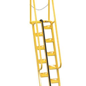 The Vestil Alternate Tread Stair 68 Degree 84 In is a yellow metal industrial ladder with angled steps and side rails for safety. It stands 84 inches tall, offering a top chain for added security and a handle for stability in use.