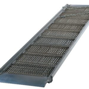 The Vestil Alum Grip-Strut Walk Ramp 29.38 X 108.5 boasts a sturdy metal design with a textured surface for great grip and stability. Raised edges line the sides, and a smooth lip at the bottom ensures easy access.