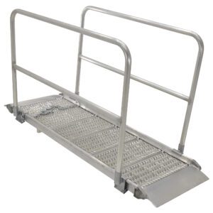 The Vestil Alum Grip Walk Ramp Handrail, sized at 39.38 x 85 inches, ensures wheelchair and mobility assistance with a textured aluminum surface and sturdy handrails for safety on a pristine white background.