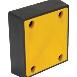 The Vestil Plastic Face Molded Rubber Bumper, measuring 11-13/16X12-13/16X3-7/8 inches in sleek black with a striking yellow front panel, features four corner holes for easy mounting, blending durability and style in a functional design.
