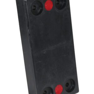 A sleek, black rectangular block resembling the Vestil Rectangle Molded Rubber Bumper 24X12X3 Blk with red circular inserts at both ends and four recessed screw holes in each corner.