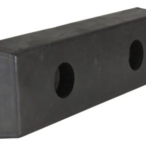 The Vestil Rectangle Molded Rubber Bumper 16-1/8X4-29/32X2-1/8 Blk is made of black rubber, featuring two circular holes, smooth surfaces, and slightly rounded edges for effective impact protection in various applications.
