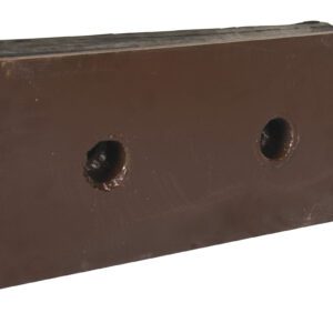 This brown, rectangular metal plate resembles the durable design of a Vestil Steel Face Molded Rubber Bumper 18X8X2-1/2 Blk. It features beveled edges, two central circular holes, and a matte finish with subtle wear marks against a white background.