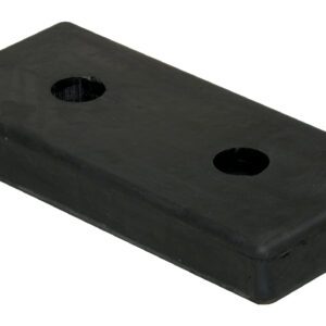The Vestil Rectangle Molded Rubber Bumper, sized 17-1/2X8X2 in black, has a rectangular design with rounded edges and two holes at each end. It is displayed flat on a white background, highlighting its sturdy construction.