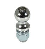The Vestil Tow Attachment 5K Lb Cap 2 In Diameter includes a metallic trailer hitch ball with a shiny, spherical top. It offers a 5K lb capacity and 2-inch diameter, with a threaded bolt and large nut for secure towing, plus a reflective surface for enhanced visibility.