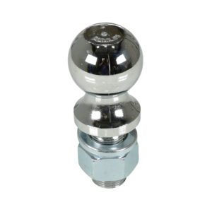 The Vestil Tow Attachment 5K Lb Cap 2 In Diameter includes a metallic trailer hitch ball with a shiny, spherical top. It offers a 5K lb capacity and 2-inch diameter, with a threaded bolt and large nut for secure towing, plus a reflective surface for enhanced visibility.