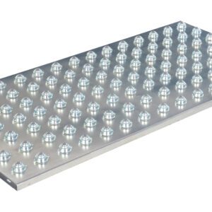 The Vestil Chrome Ball Transfer Platform 30 x 60 inches is a rectangular metal sheet with evenly spaced, round protrusions in a diagonal grid. Its chrome finish hints at durable steel or aluminum construction.