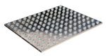 The Vestil Chrome Ball Transfer Platform 40 x 48 in features a shiny metal surface with evenly spaced, raised cylindrical studs in a grid pattern, making it both functional and visually appealing.
