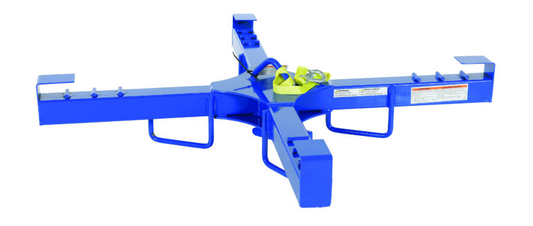 The Vestil Bulk Bag Lifter is a blue metallic, cross-shaped lifting attachment with hooks and handles. It includes a yellow strap on top and visible safety labels and instructions on the sides.