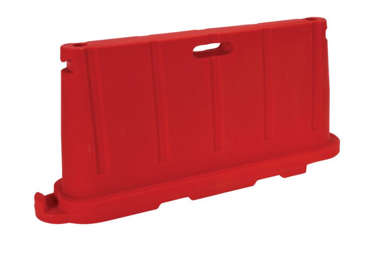 BCD-7636-RD_A.jpg The Vestil Stackable Poly Barricade Red is crafted from red plastic with vertical grooves and a handy top handle cutout. Its rectangular base offers excellent stability, perfect for effective traffic control.