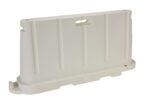 The Vestil Stackable Poly Barricade White is a large, stable plastic traffic barrier with a hollow interior and rectangular top handle, featuring vertical grooves and a slightly curved base for various uses.
