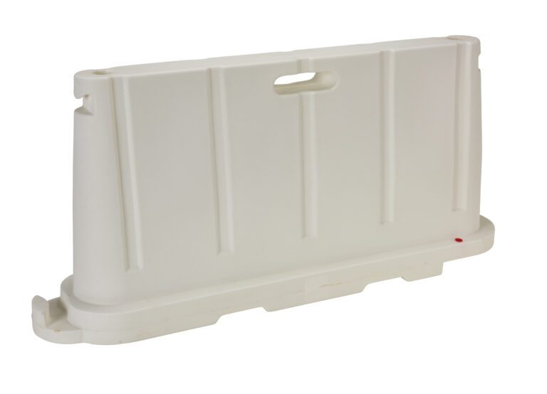 The Vestil Stackable Poly Barricade White is a large, stable plastic traffic barrier with a hollow interior and rectangular top handle, featuring vertical grooves and a slightly curved base for various uses.