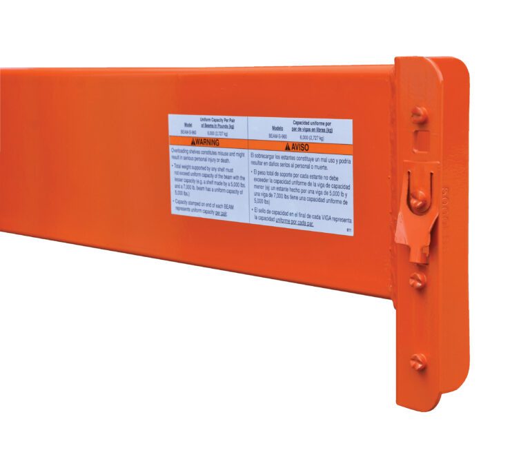 BEAM-S-1260_A.jpg Close-up of a Vestil Pallet Racking Step Beam 6000 Lb 12 Ft, highlighting its English and Spanish warning label with safety instructions. It has a hook and mounting feature for secure attachment.