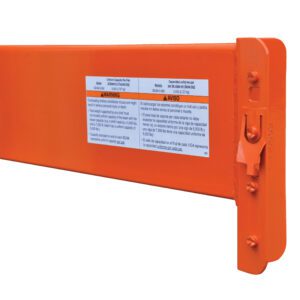 Close-up of an orange Vestil Pallet Racking Step Beam 5000 Lb 8 Ft, displaying safety warnings and information in English and Spanish on a label that includes capacity details and usage instructions.