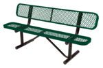 The Vestil Bench Expanded Metal 96 Green boasts an expanded metal design in vibrant green, complemented by black metal legs. It features rectangular sections and a slightly curved backrest, presented against a plain white background.