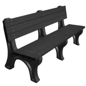 The Vestil Bench Deluxe Backed 2672 Bk Leg Bk Seat features a sleek black wooden design with curved metal legs, three horizontal wooden slats for the backrest, and two for the seat, providing ample seating against a plain white background.