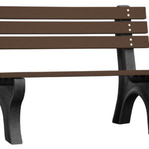 The Vestil Bench Economy Backed 48 Bk Leg Brown Seat features a minimalist design with a 48-inch brown slatted seat and backrest, supported by sturdy black legs. Its ideal for outdoor use and complements a plain white background effortlessly.