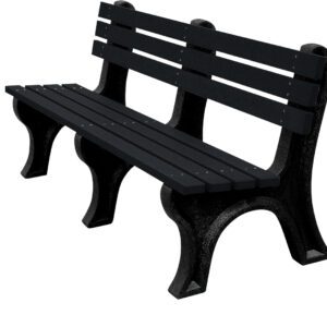 The Vestil Bench Economy Backed 72 Bk Leg Black Seat features a slatted back and seat with three sturdy legs in classic black, elegantly displayed against a plain white background, merging simplicity and durability perfectly.