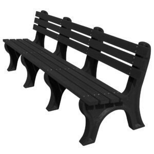 Vestils Bench Economy Backed 96 Bk Leg Black Seat is a six-foot outdoor bench crafted from durable plastic resin, featuring a slatted back, sturdy legs, and weather-resistant design, ideal for parks and patios.
