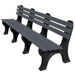 Presenting the Vestil Bench Economy Backed 96 Bk Leg Char Seat, a durable 96 outdoor bench with a slatted char seat and sturdy black legs in dark gray. Ideal for relaxing outside, it offers a seamless blend of simplicity and durability.