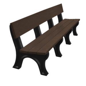 The Vestil Bench Landmark Backed 96 features a dark brown slatted wooden seat and backrest, supported by sturdy black metal legs, artfully angled to highlight its side profile and part of the front.