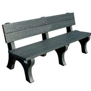 The Vestil Bench Traditional Backed 72 features a dark green wooden design with traditional backed slats and sturdy curved legs, isolated against a white background.