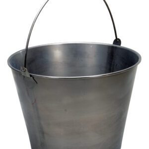 The Vestil Stainless Steel Bucket 5 Gallons features a metallic sheen, a wide rounded opening, and a sturdy curved handle attached at two points. Its reflective steel surface emphasizes its empty interior, ensuring both durability and ease of use.